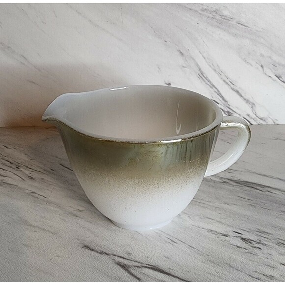 Vintage Federal Glass Mesa Moss Milk Glass Creamer Cup With Silver Rim Retro - Picture 3 of 8